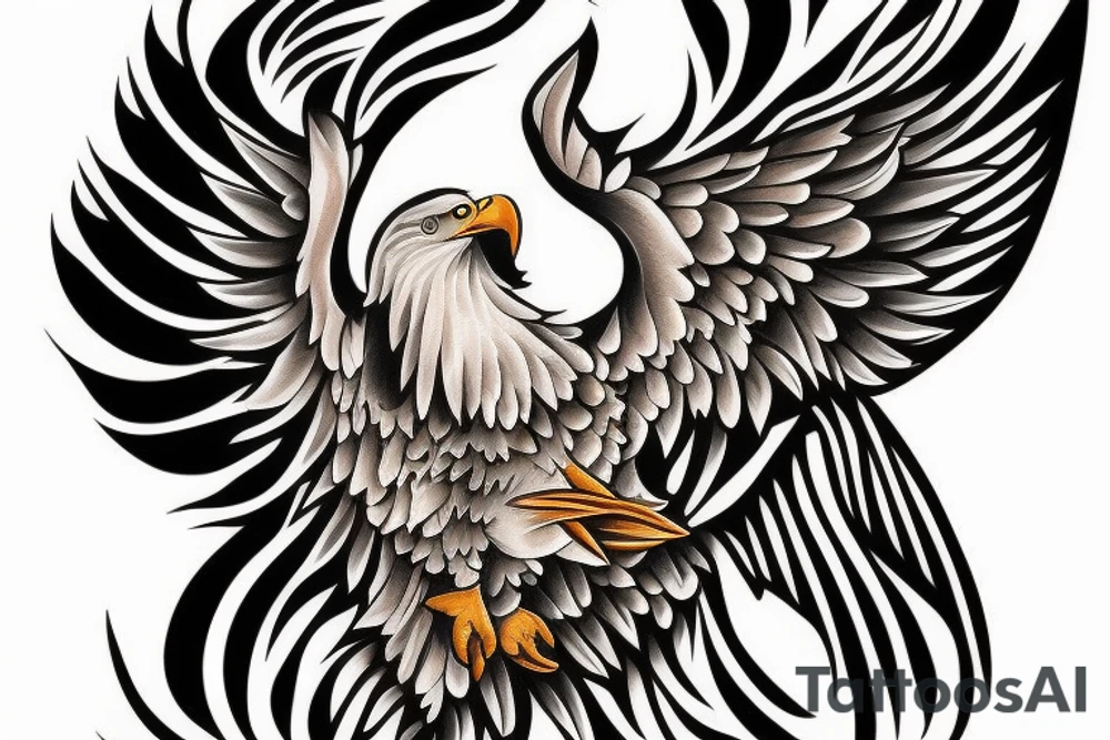 An bald eagle holding a fish with a halo in the fish’s head. tattoo idea