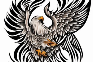An bald eagle holding a fish with a halo in the fish’s head. tattoo idea