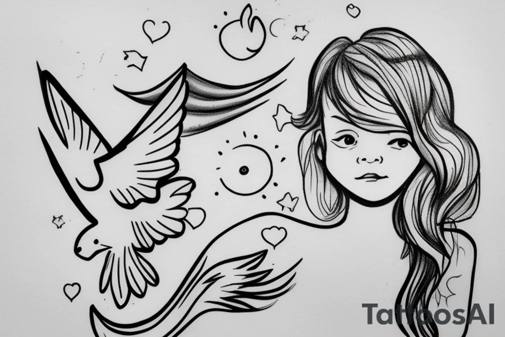 A little girl looking up at a white dove tattoo idea