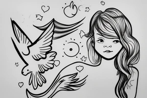 A little girl looking up at a white dove tattoo idea