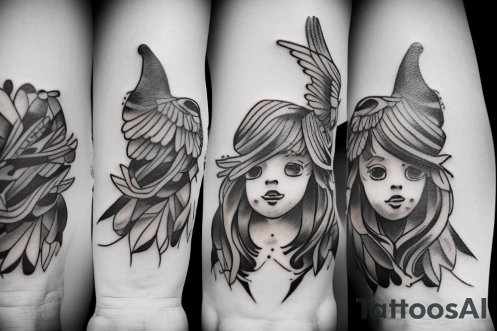 A little girl looking up at a white dove tattoo idea