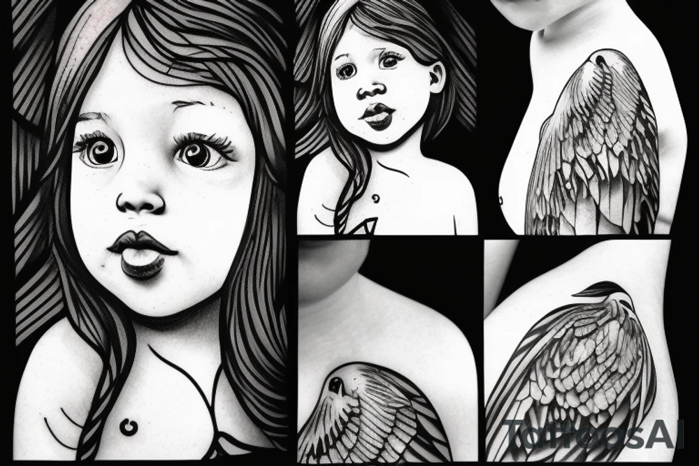 A little girl looking up at a white dove tattoo idea