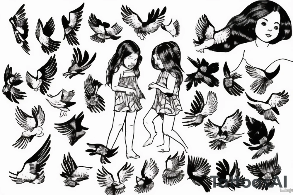 A little girl looking up at a white dove tattoo idea