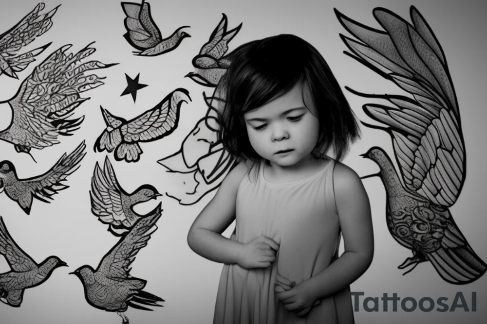 A little girl looking up at a white dove tattoo idea