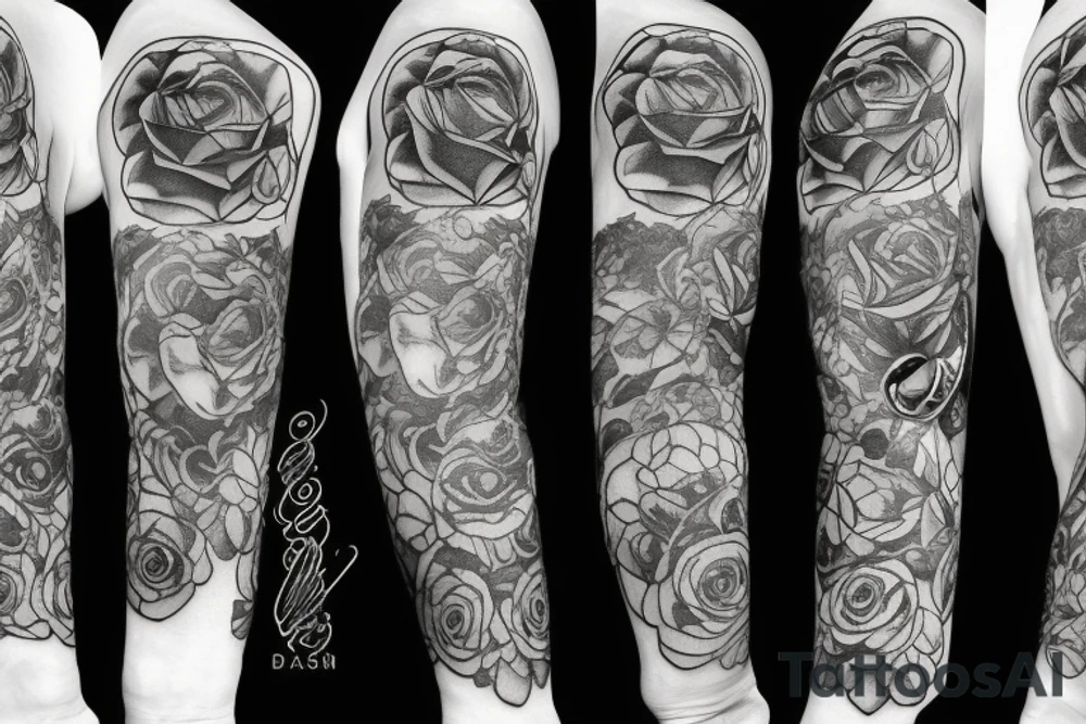 Nordic sleeve with rose and stop watch tattoo idea