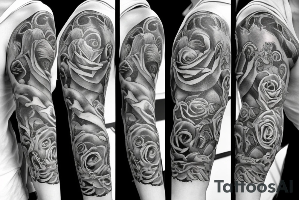 Greek mythology sleeve with rose and stop watch tattoo idea