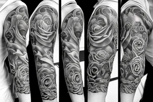Greek mythology sleeve with rose and stop watch tattoo idea