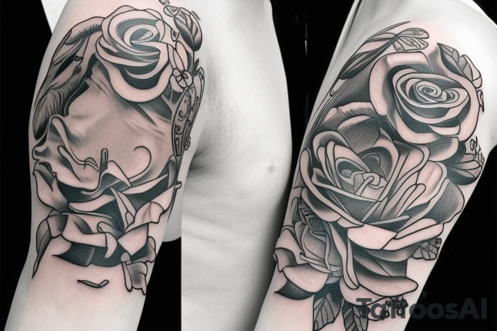 Greek mythology sleeve with rose and stop watch tattoo idea