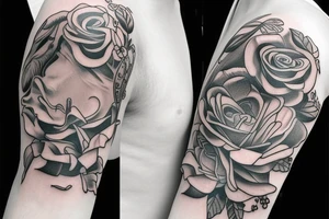 Greek mythology sleeve with rose and stop watch tattoo idea