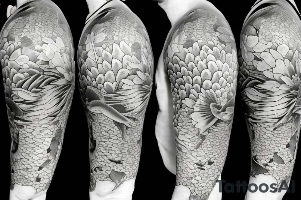 Two Koi fish swimming down my arm.
almost as they are swimming around each other in a dance.
flowers around them
realistic 
high detail tattoo idea
