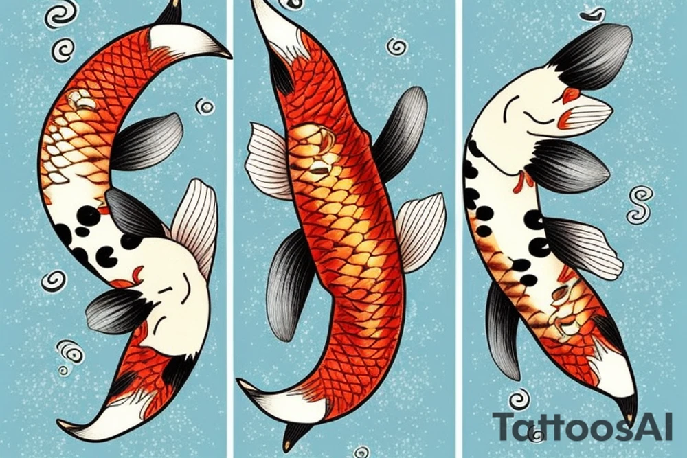 Two Koi fish swimming down my arm.
almost as they are swimming around each other in a dance.
flowers around them
realistic 
high detail tattoo idea