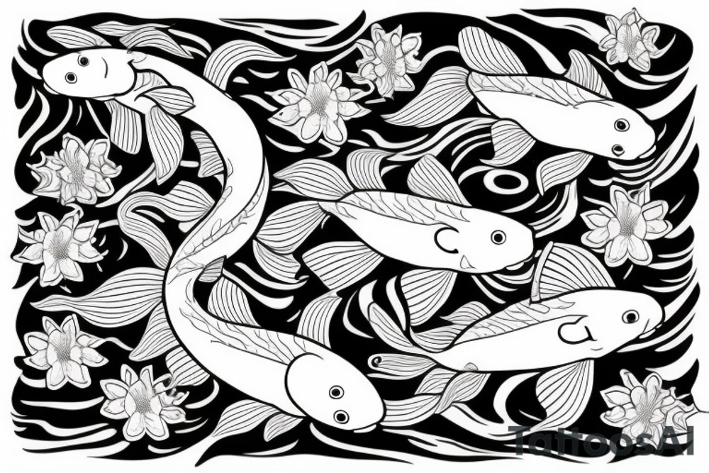 Two Koi fish swimming down my arm.
almost as they are swimming around each other in a dance.
flowers around them
realistic 
high detail 
swimming in flowers tattoo idea