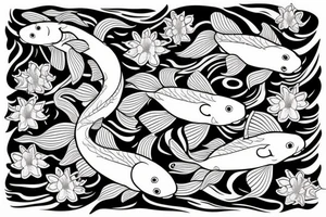 Two Koi fish swimming down my arm.
almost as they are swimming around each other in a dance.
flowers around them
realistic 
high detail 
swimming in flowers tattoo idea