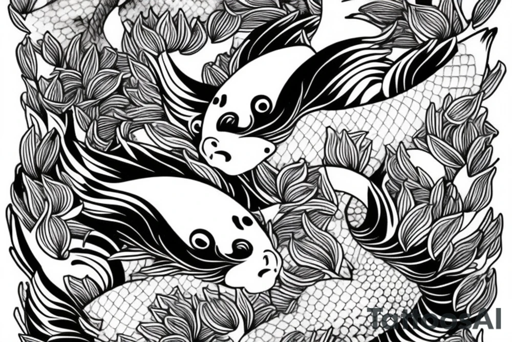 Two Koi fish swimming down my arm.
almost as they are swimming around each other in a dance.
flowers around them
realistic 
high detail 
swimming in flowers tattoo idea