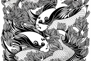 Two Koi fish swimming down my arm.
almost as they are swimming around each other in a dance.
flowers around them
realistic 
high detail 
swimming in flowers tattoo idea