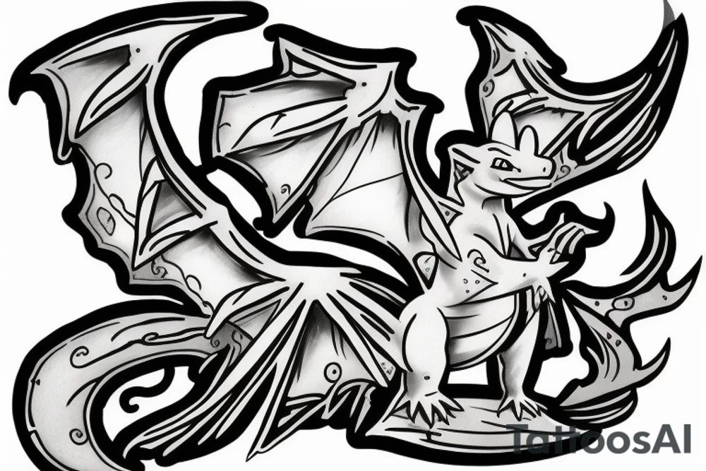 Charzard with wings expanded with flames tattoo idea