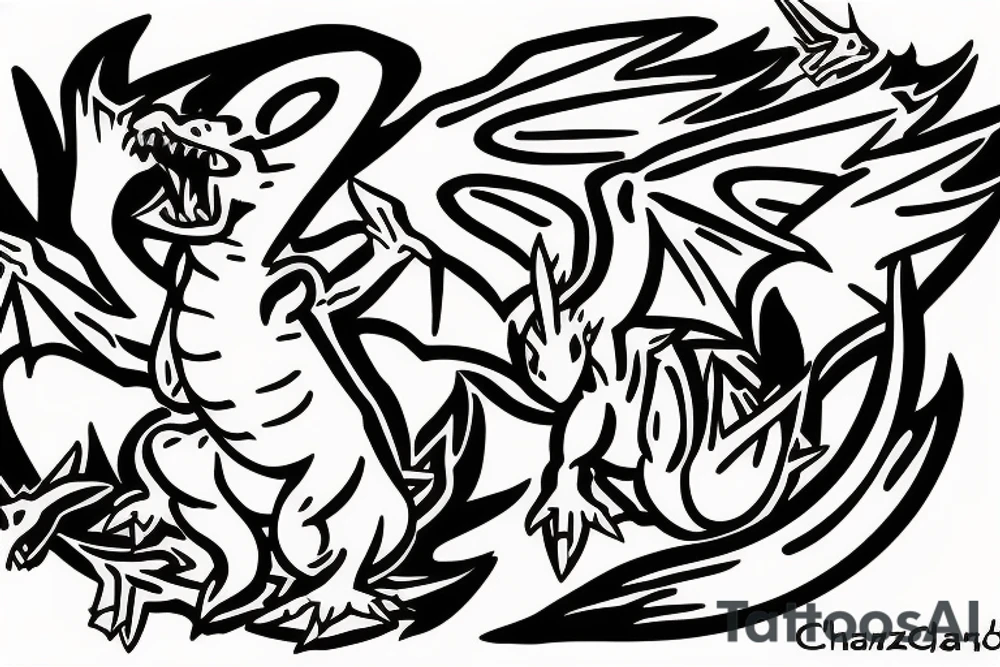 Charzard with wings expanded with flames tattoo idea