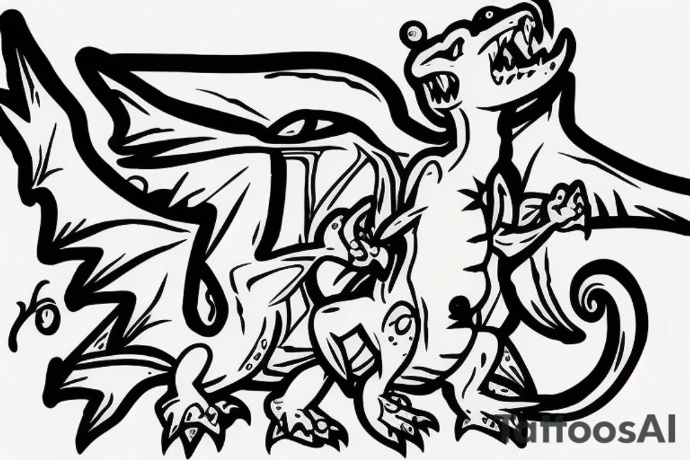 Charzard with wings expanded with flames tattoo idea