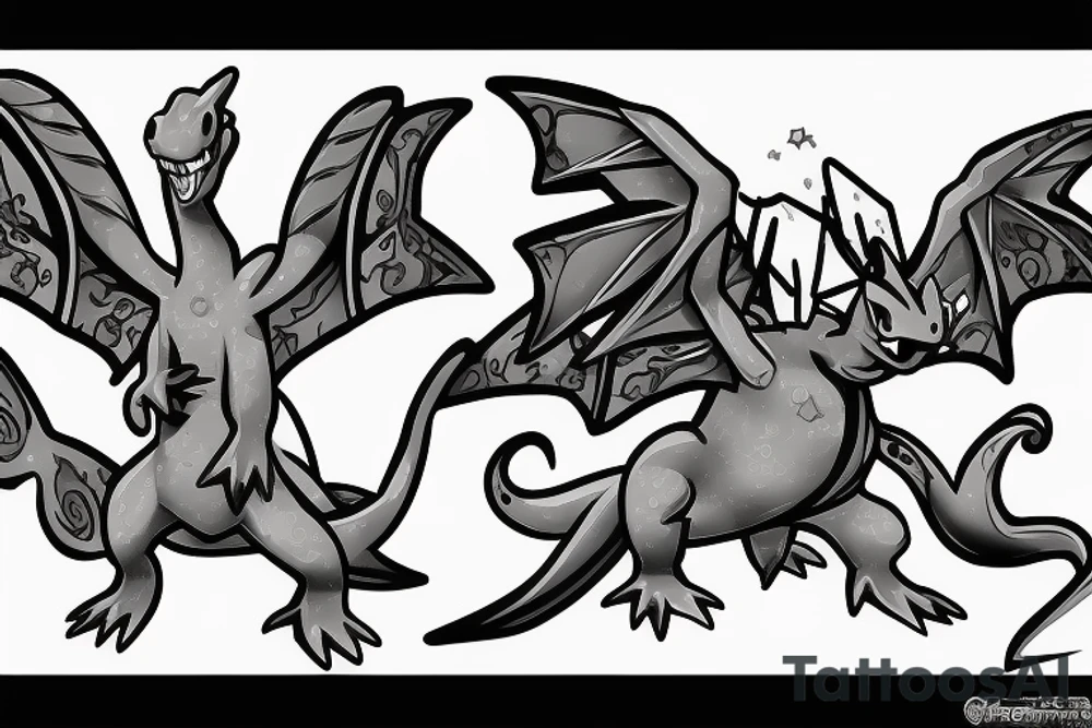 Charzard pokemon with wings expanded with flames tattoo idea