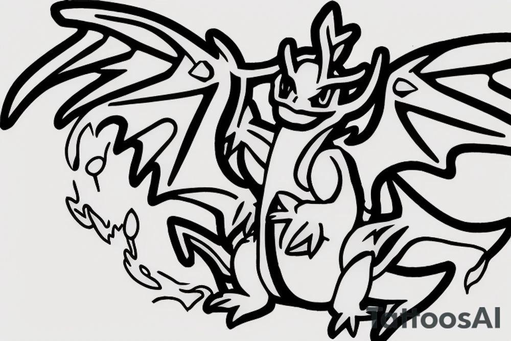Charzard pokemon with wings expanded with flames tattoo idea