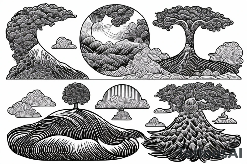 A tree with an ocean wave near a rice paddy and mountain tattoo idea