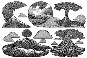 A tree with an ocean wave near a rice paddy and mountain tattoo idea