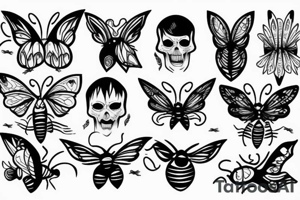 Moths crawling on a cracked skull with its mouth open tattoo idea