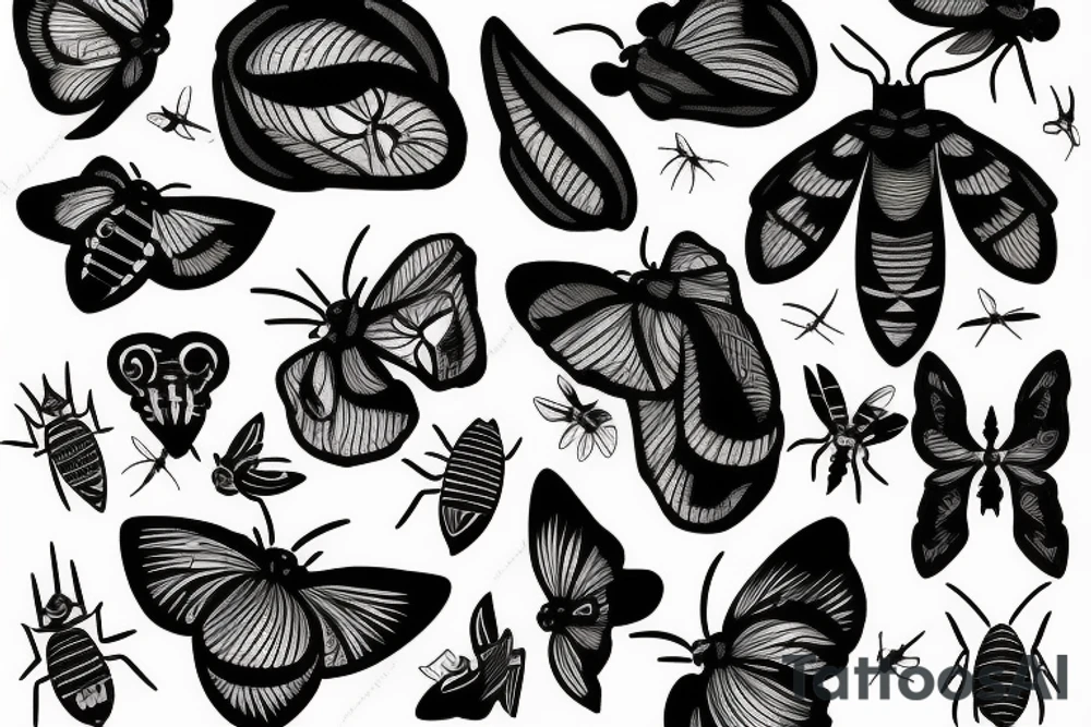 Moths crawling on a cracked skull with its mouth open tattoo idea