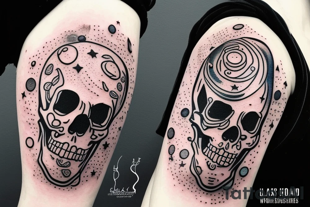 a skull with a space theme. dripping galaxy jars tattoo idea