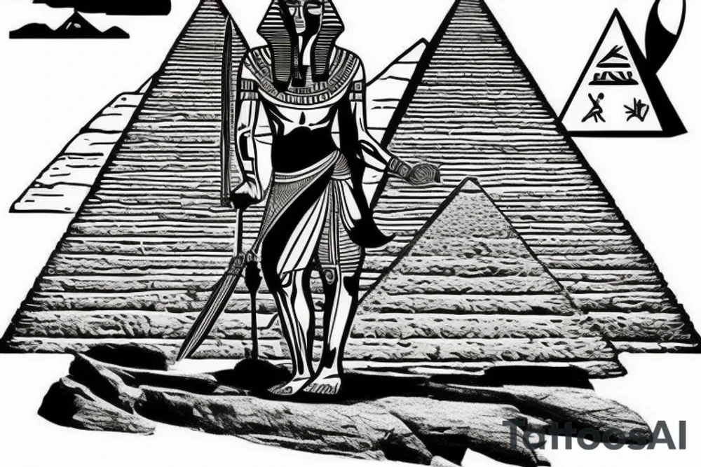 Black warrior riding war elegan with an Egyptian pyramid in the background. tattoo idea