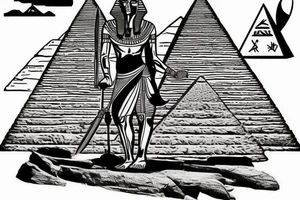 Black warrior riding war elegan with an Egyptian pyramid in the background. tattoo idea