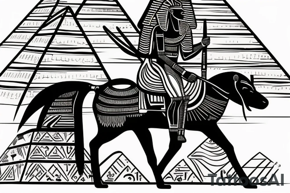 Black warrior riding war elegan with an Egyptian pyramid in the background. tattoo idea