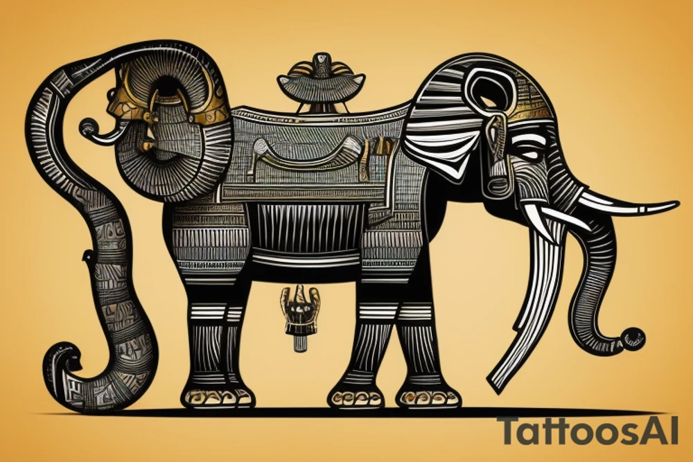 Black king with a bow riding war elephant with an Egyptian pyramid in the background. tattoo idea