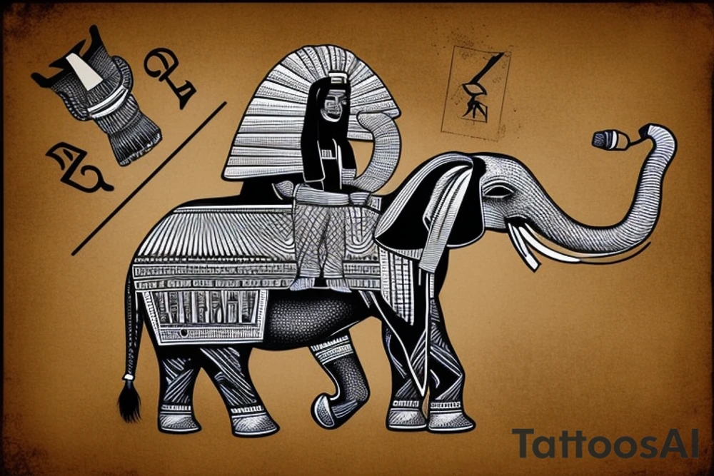 Black king with a bow riding war elephant with an Egyptian pyramid in the background. tattoo idea