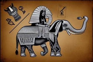 Black king with a bow riding war elephant with an Egyptian pyramid in the background. tattoo idea