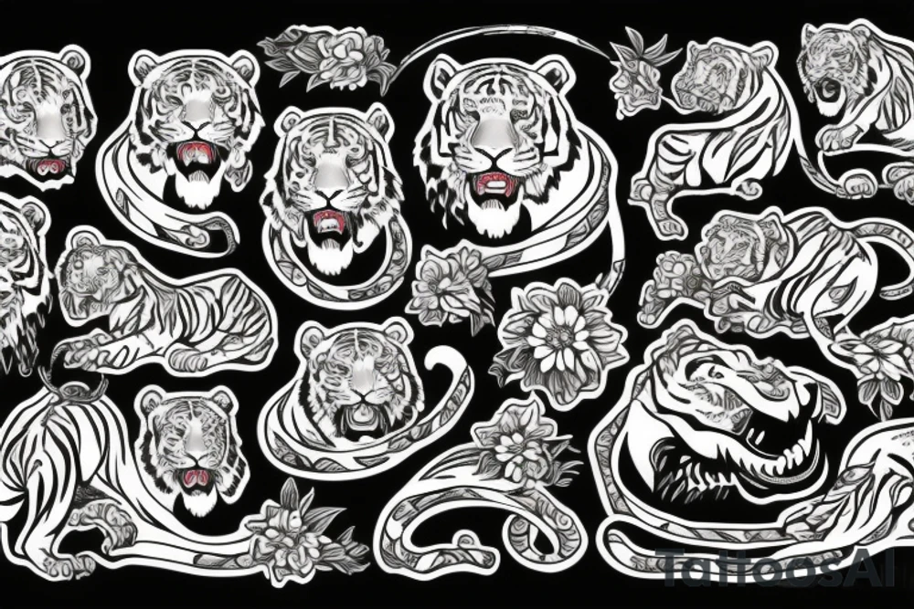 roaring tiger and flowers tattoo idea