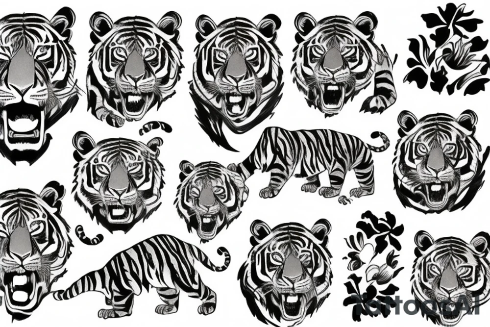 roaring tiger and flowers tattoo idea