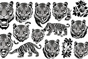 roaring tiger and flowers tattoo idea