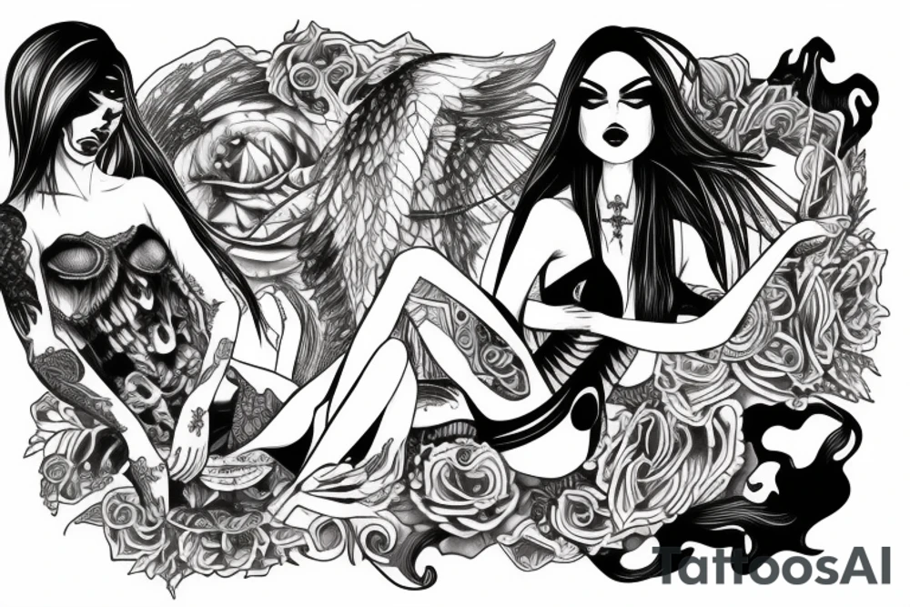Woman half demon half angel body fine line tattoo idea