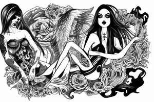 Woman half demon half angel body fine line tattoo idea
