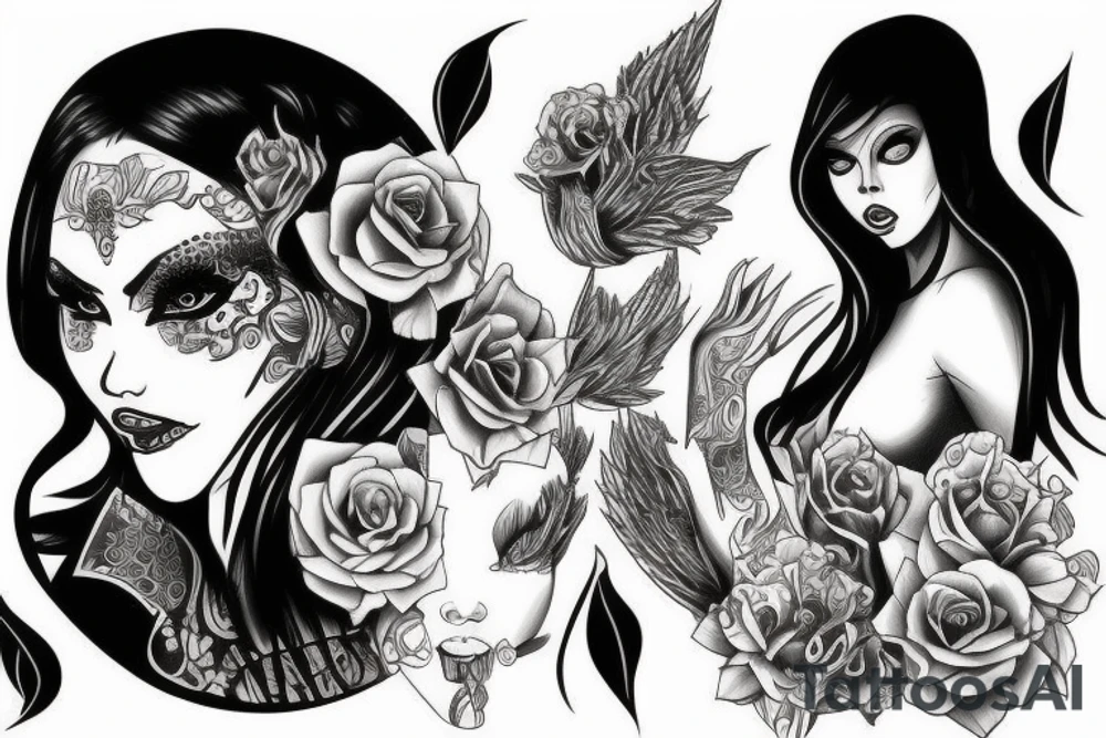 Woman half demon half angel body fine line tattoo idea