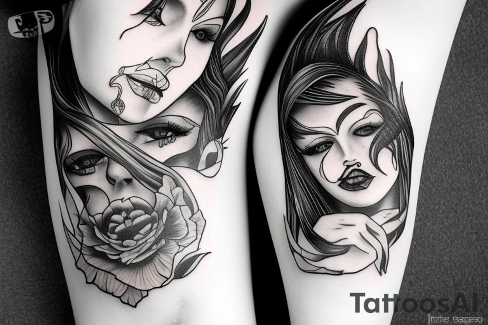 Woman half demon half angel body fine line tattoo idea