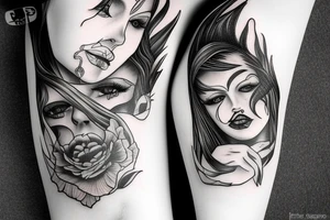 Woman half demon half angel body fine line tattoo idea