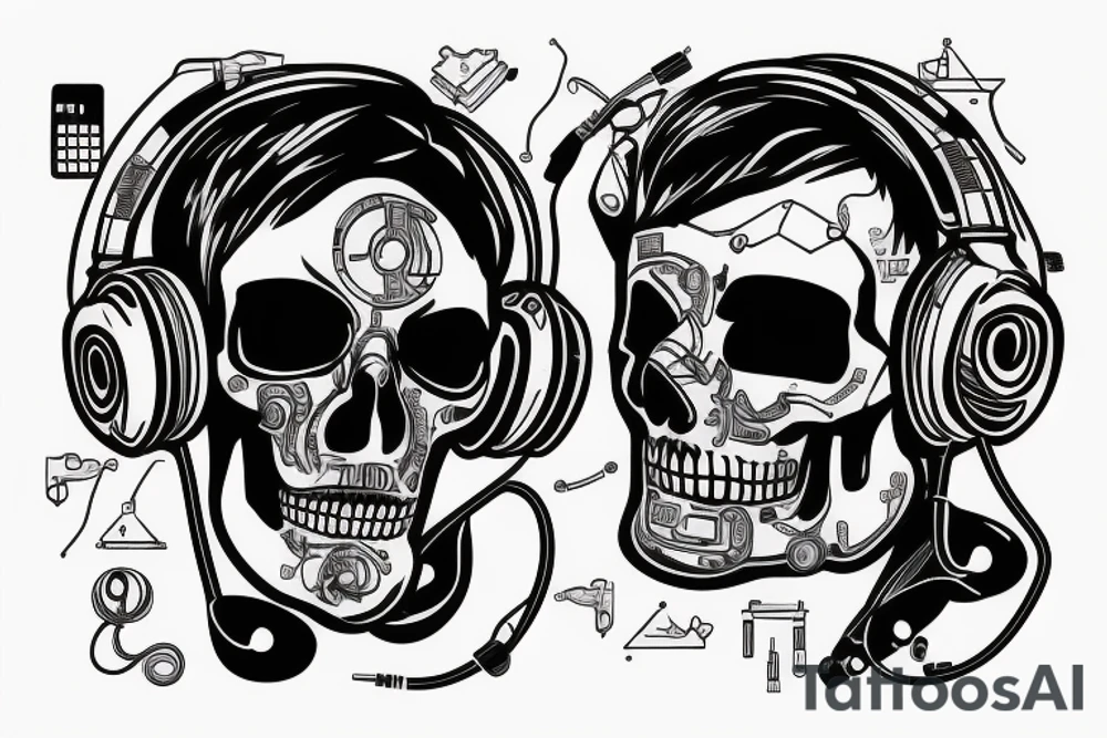 cyberpunk skull wearing headset on circuit board tattoo idea