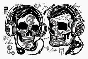 cyberpunk skull wearing headset on circuit board tattoo idea
