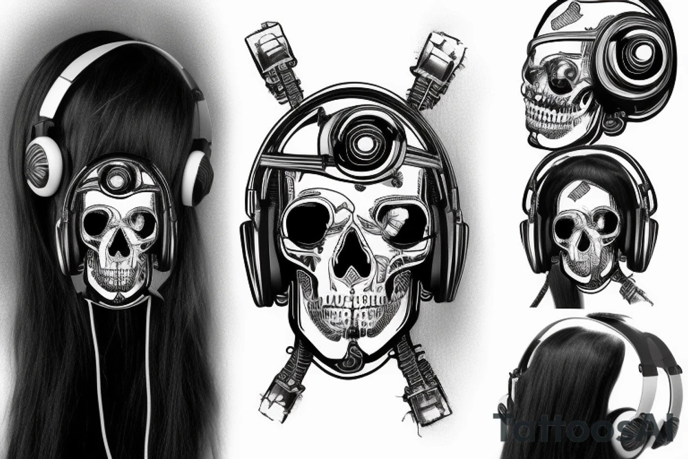 cyberpunk skull wearing headset on circuit board tattoo idea