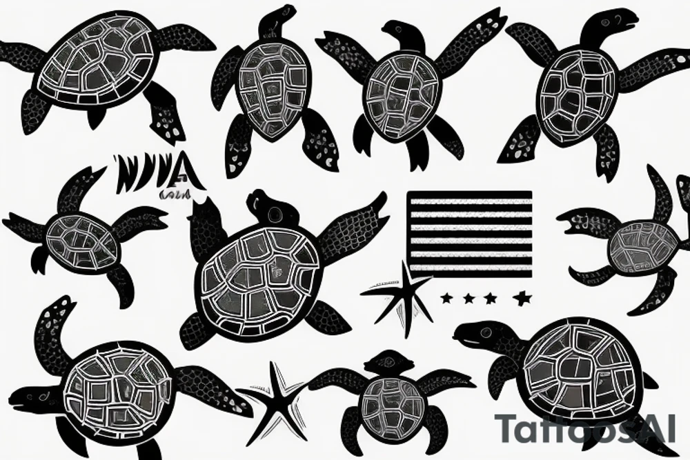 Sea turtle, ocean waves, American flags, palauan flag tattoo idea