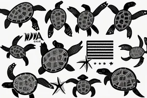 Sea turtle, ocean waves, American flags, palauan flag tattoo idea