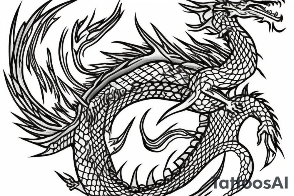 Dragon spitting flames drawn with mostly lines to go on my shin tattoo idea
