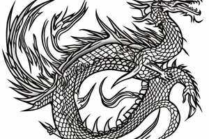 Dragon spitting flames drawn with mostly lines to go on my shin tattoo idea